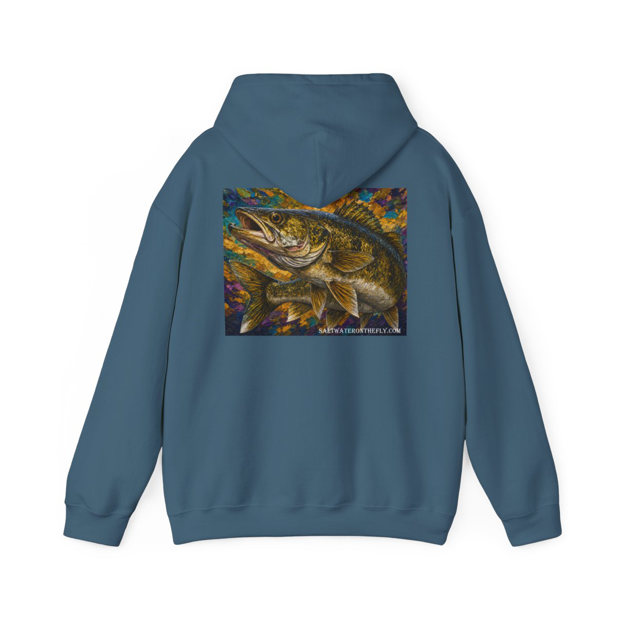 Walleye fishing hoodie with painterly walleye illustration across the back, Saltwater on the Fly.