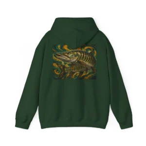 Double-lined hood and color-matched drawcord on tiger muskie hoodie, Saltwater on the Fly.