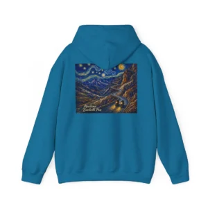 Back: Beartooth Pass hoodie back with painted nighttime mountain road under swirling stars, Saltwater on the Fly.