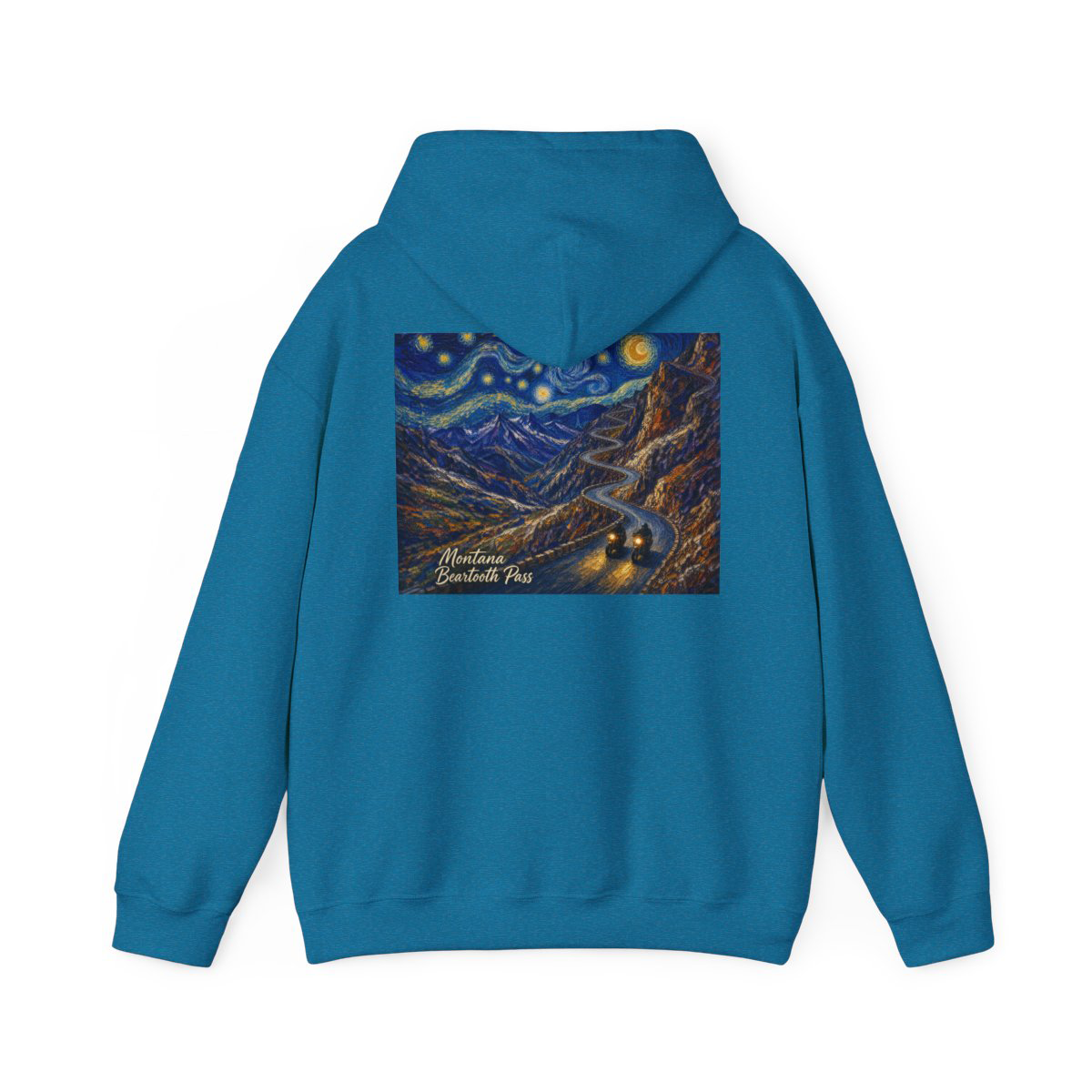 Back: Beartooth Pass hoodie back with painted nighttime mountain road under swirling stars, Saltwater on the Fly.