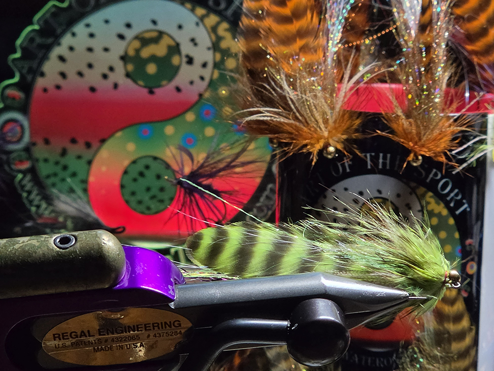 Gold Digger: a chartreuse grizzly marabou streamer on a Partridge SUJ hook. Browns hit it year-round and bass can’t leave it alone. Tied in Montana.