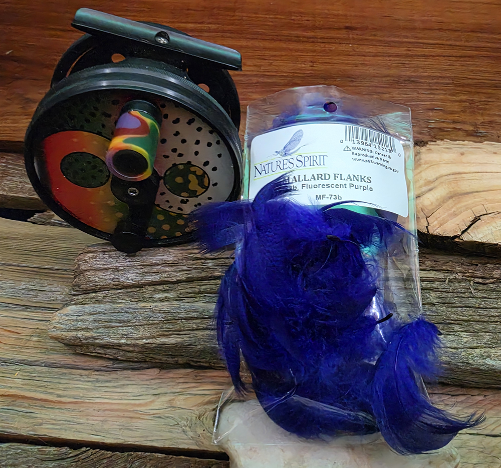 Fl. purple mallard flank for steelhead Spey flies and tarpon bunnies. About 60 hand-sorted feathers per 2g pack, mixed sizes, junk pulled - Saltwater on the Fly.