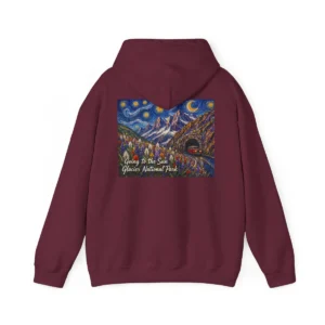 Painterly Glacier National Park artwork of moonlit peaks, glacial tunnel and wildflowers on back of hoodie"