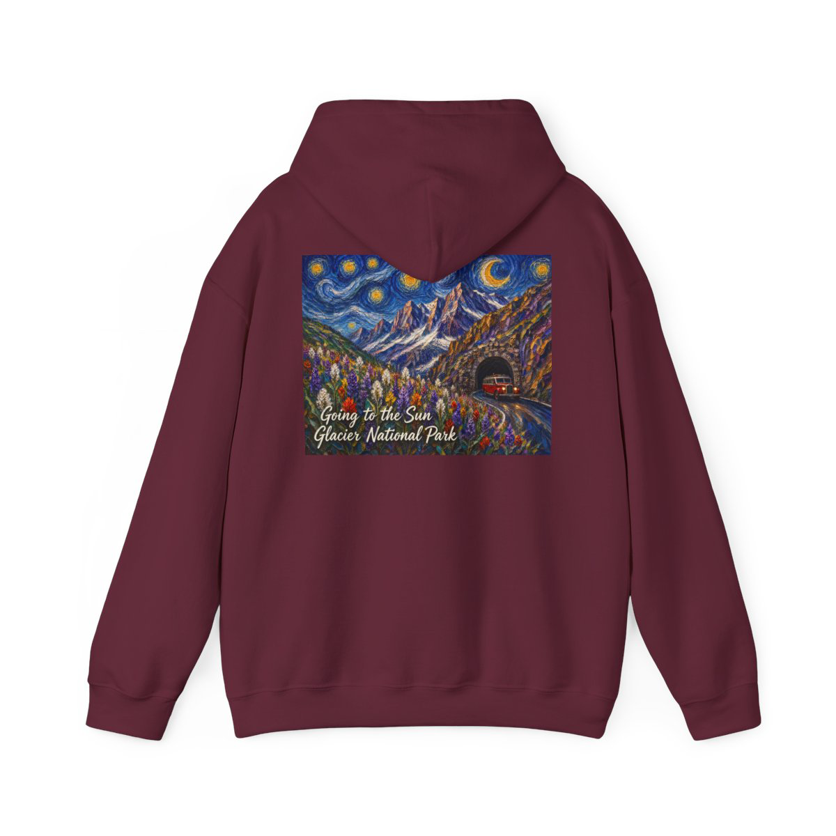 Painterly Glacier National Park artwork of moonlit peaks, glacial tunnel and wildflowers on back of hoodie"