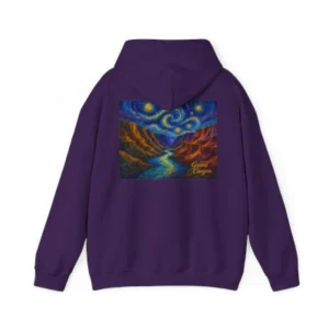 Grand Canyon Starry Night Hoodie back print showing swirling stars over canyon ridges and the Colorado River, Saltwater on the Fly.