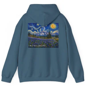 Steel Blue Mount Rainier hoodie with painterly twilight artwork on the back, Saltwater on the fly.