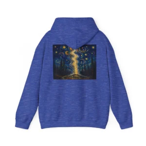 Back of Old Faithful Starry Night hoodie with swirling stars, glowing path, and forest horizon, Saltwater on the Fly.
