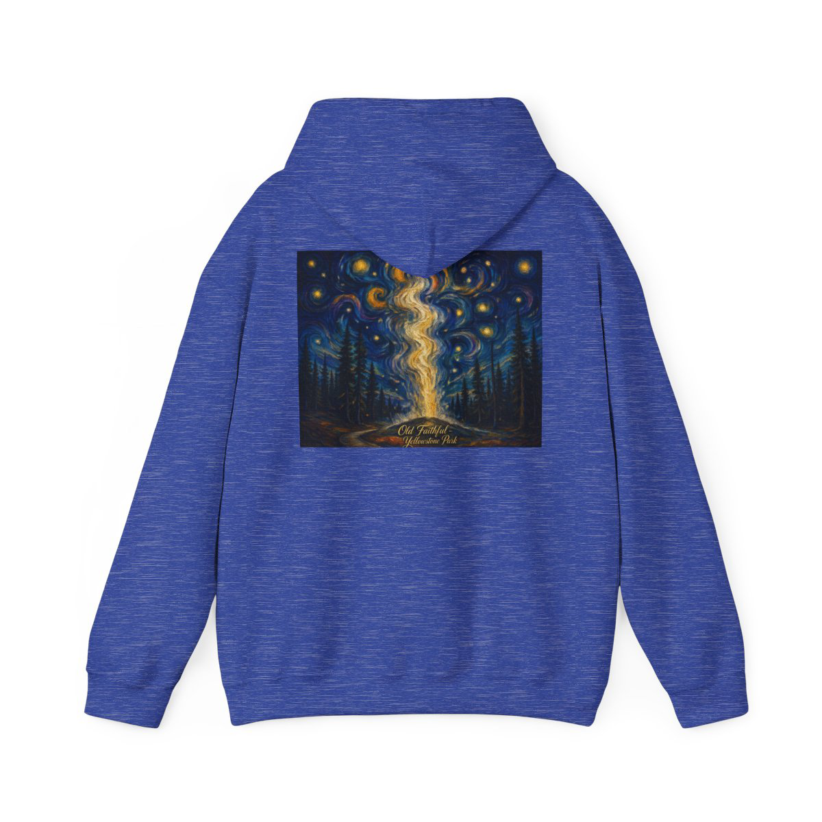 Back of Old Faithful Starry Night hoodie with swirling stars, glowing path, and forest horizon, Saltwater on the Fly.