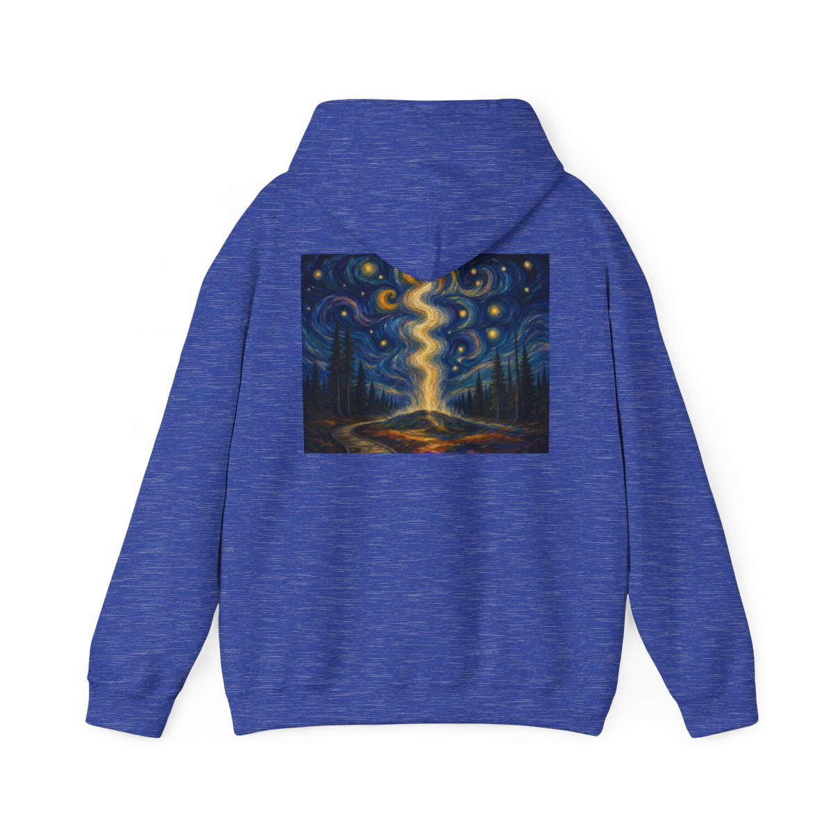 Back of Old Faithful Starry Night hoodie with swirling stars, glowing path, and forest horizon, Saltwater on the Fly.