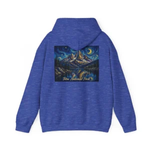 Teton National Park hoodie with painterly Jenny Lake night sky, crescent moon, and mountain reflection, Saltwater on the Fly.