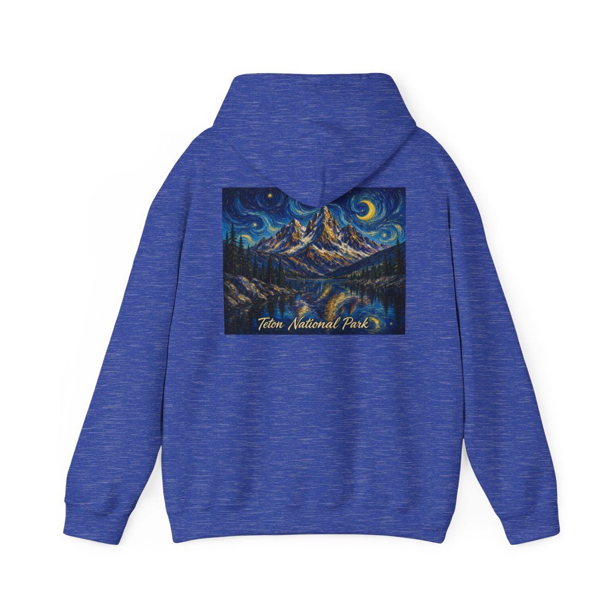 Teton National Park hoodie with painterly Jenny Lake night sky, crescent moon, and mountain reflection, Saltwater on the Fly.